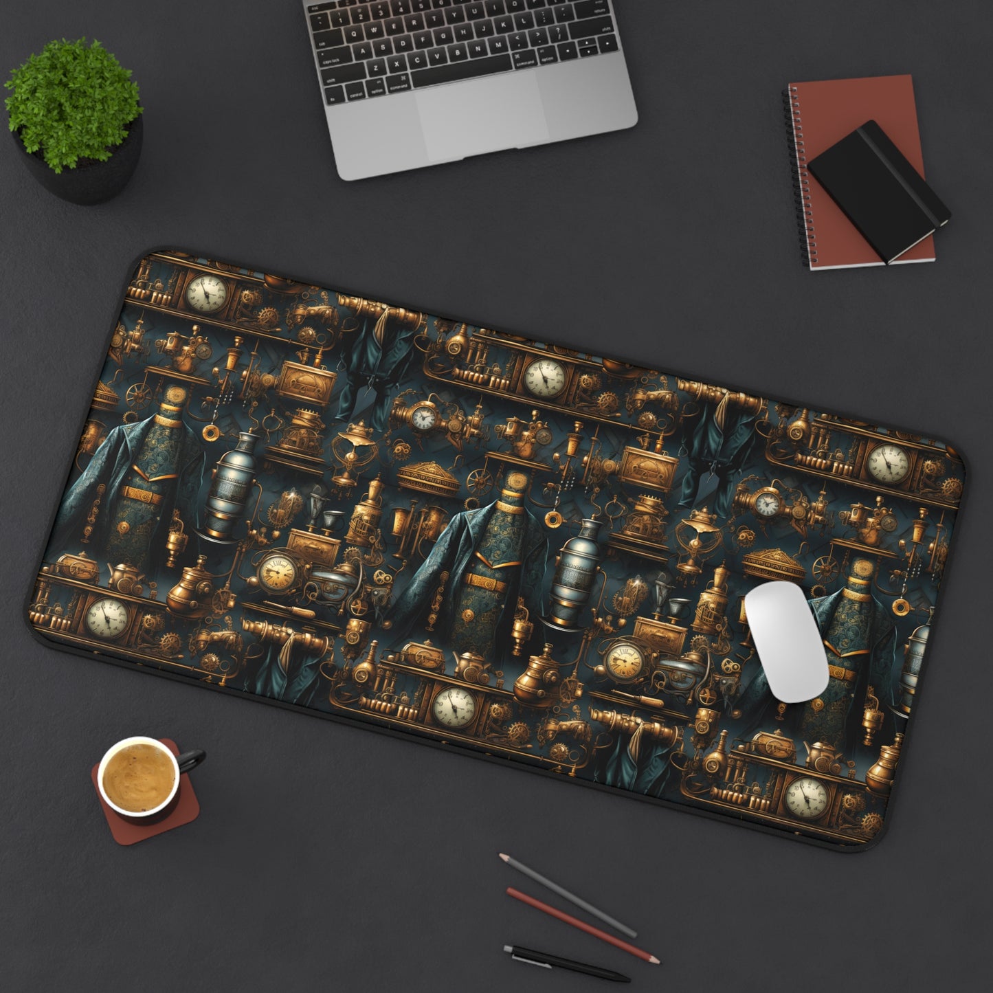 Victorian Steampunk Teal and Gold Clock, Gears and Mechanical Elements - Desk Mat Extended Gaming Mouse Pad 3 Sizes