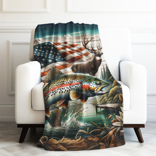 American Flag Trout Fishing Deer Camo Velveteen Plush Blanket 3 Sizes