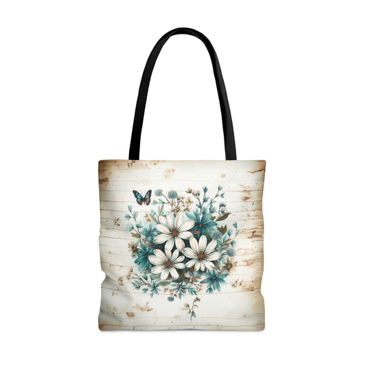 Rustic Charm Bouquet featuring Teal Accents White Wild Daisies with Butterflies  Canvas Tote 3 Sizes