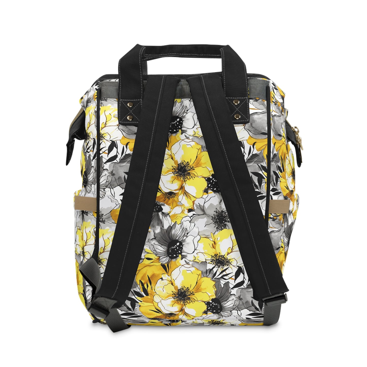 Soothing Radiance: Large Yellow and Grey Watercolor Flower Multifunctional Diaper Backpack