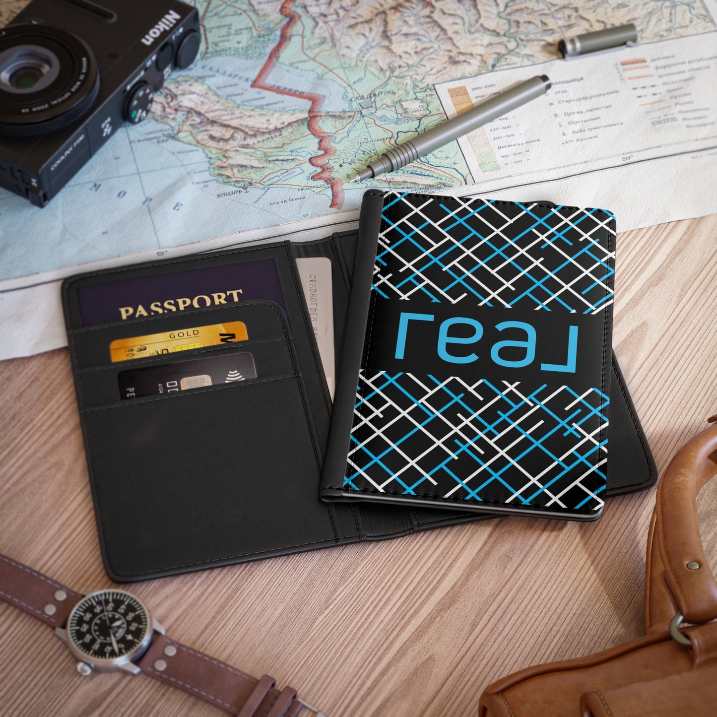 Real Logo with Line Art  - Passport Cover Faux Leather RFID Blocking