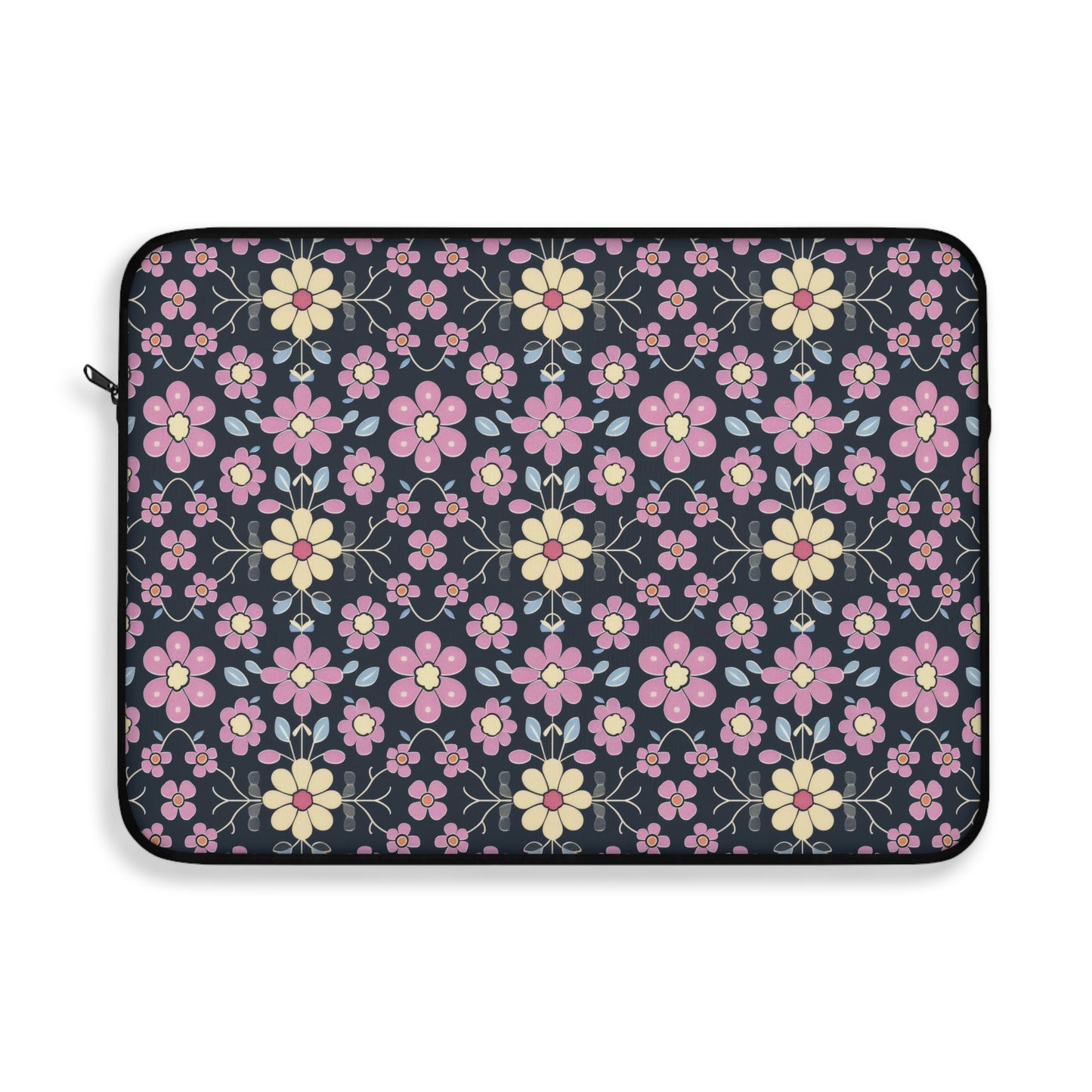 Charming Pastel Pink and Yellow Flowers on Navy Blue Background Laptop or Ipad Protective Sleeve 3 Sizes Available