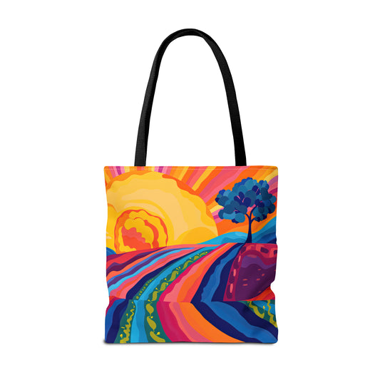 Twilight Symphony: Abstract Sunset Casting Its Colors over Rolling Hills Canvas Tote Bag - 3 Sizes