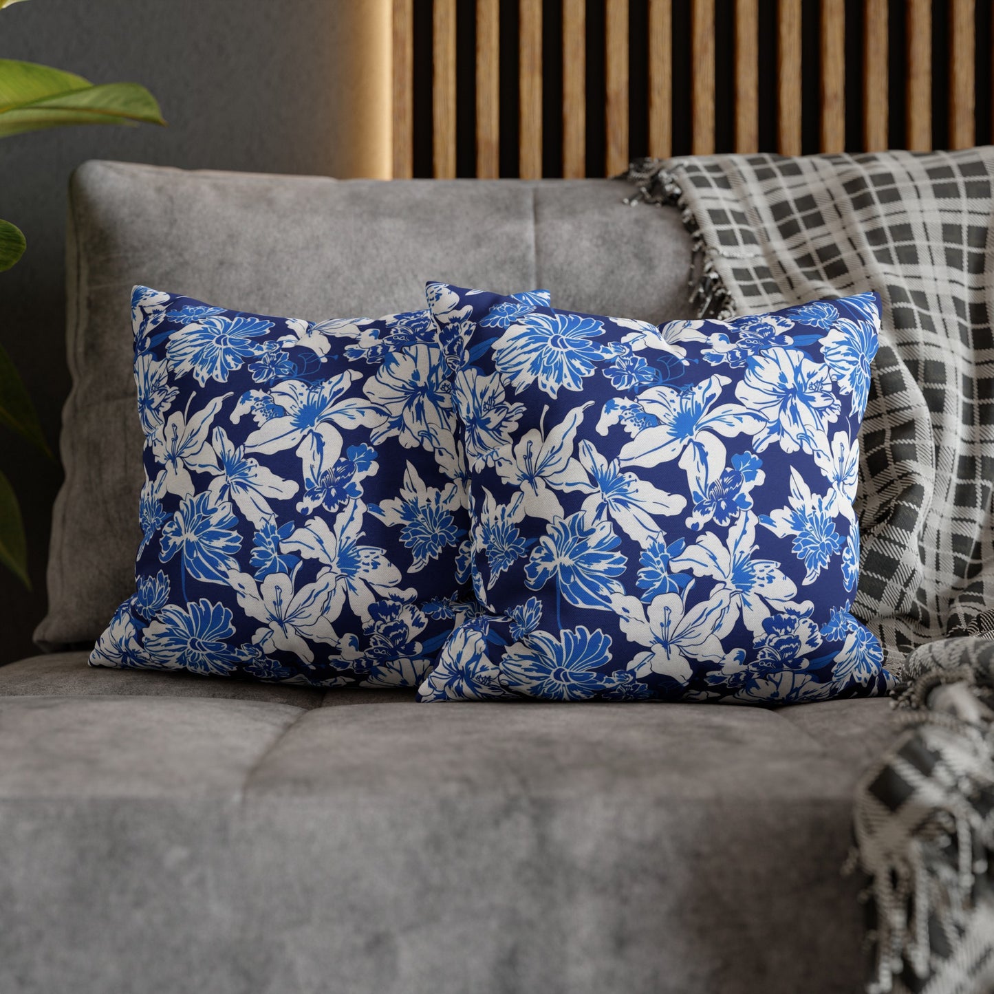 Oceanic Bloom: Watercolor Tropical Flowers in White and Blue against a Deep Blue Background Spun Polyester Square Pillowcase 4 Sizes