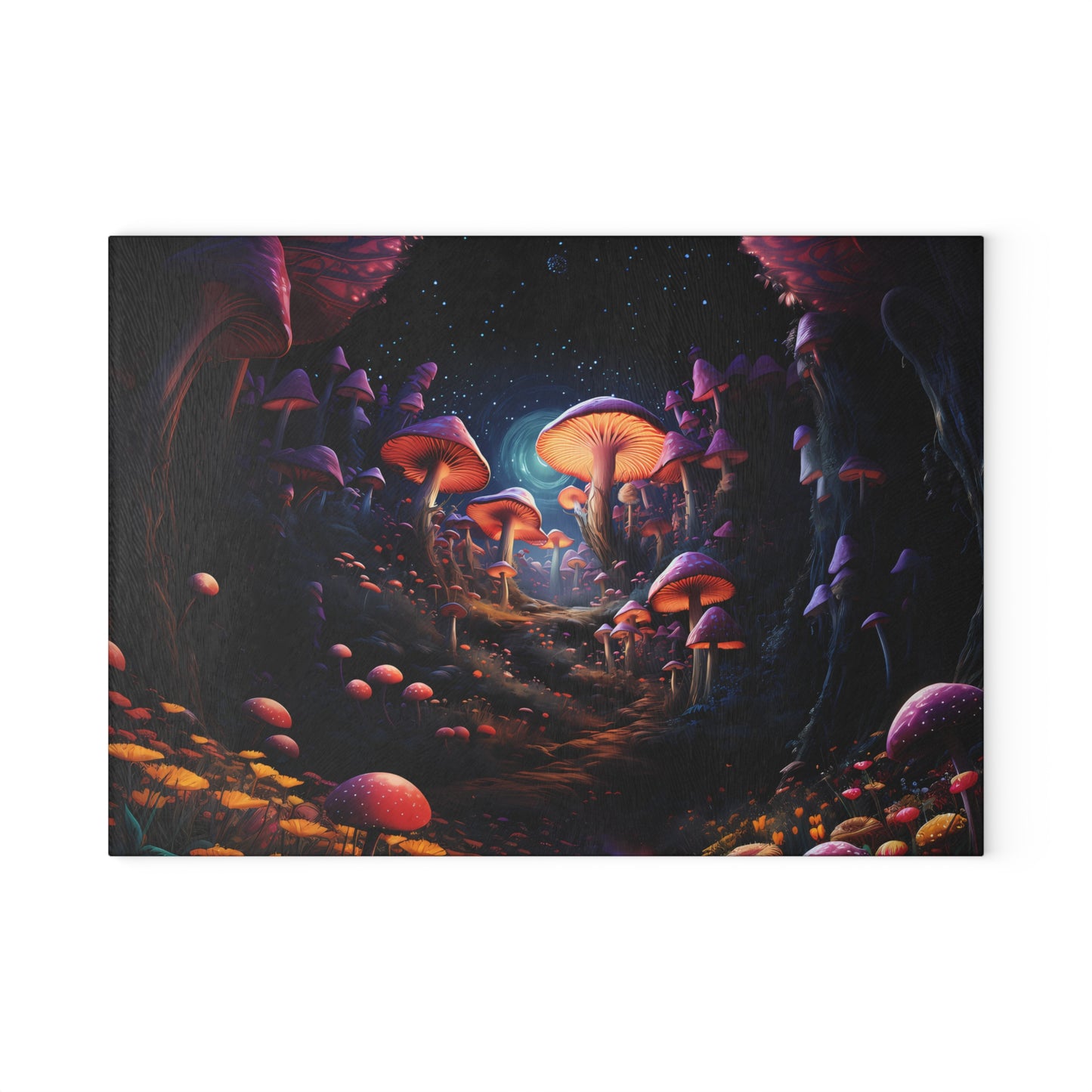 Psychedelic Black Light Glowing Mushroom Nighttime Scene - Glass Cutting Board  8" x 11" and 11" x 15"