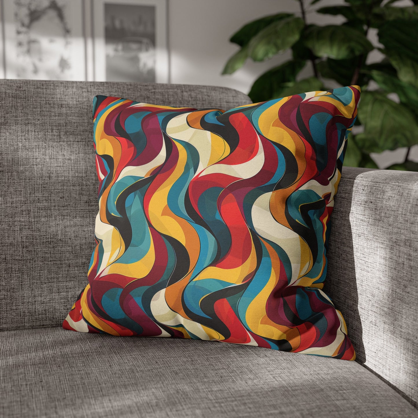 Retro Chic Vintage Blues, Reds and Yellow Waves Spun Polyester Square Pillowcase 4 Sizes