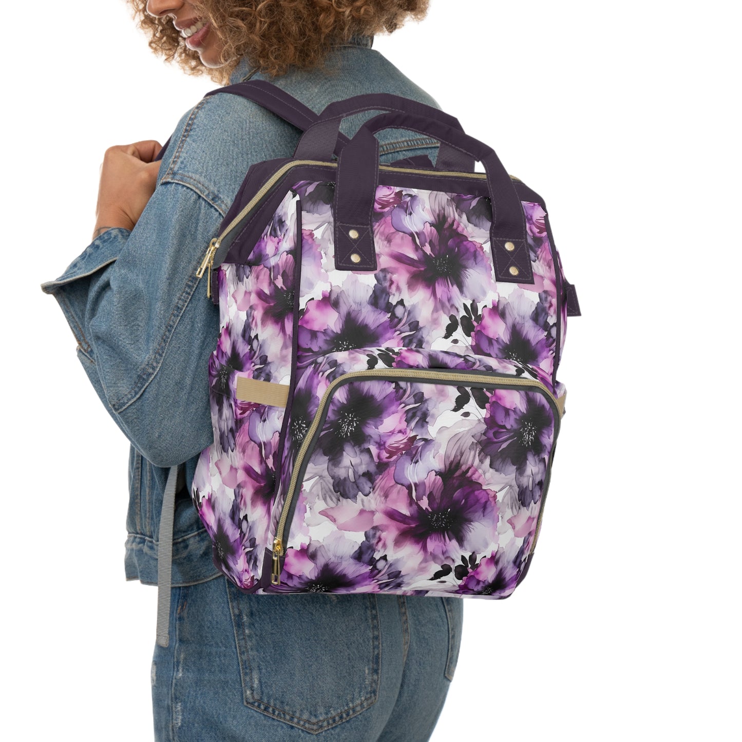 Regal Splendor: Large Purple and Grey Watercolor Flower Design Multifunctional Diaper Backpack