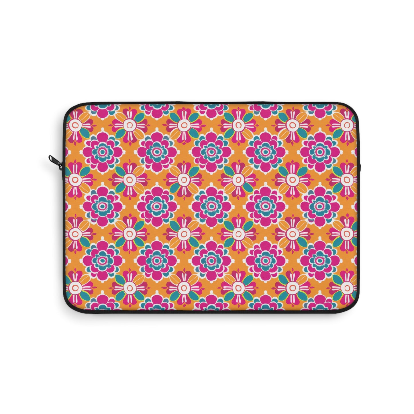 Array of Stylized Floral Motifs in Vivid Pink, Teal, and White Set Against a Warm Orange Backdrop Laptop or Ipad Protective Sleeve 3 Sizes Available