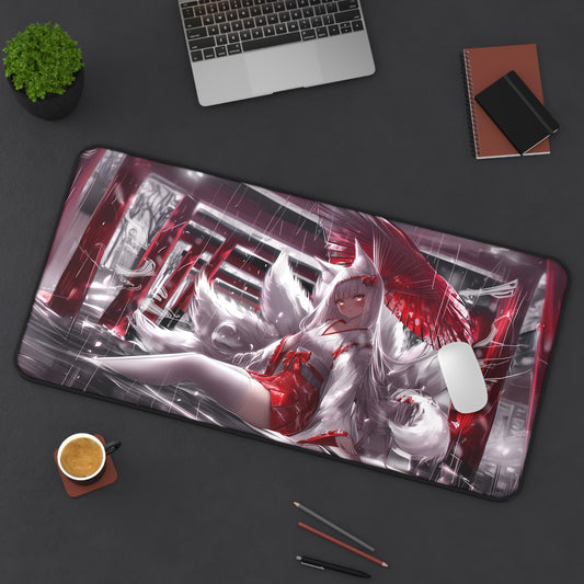 Anime Kitsune White-Haired Fox Girl Mousepad, Japanese Anime Desk Mat, Extra Large Mousepad, Gaming Desk Mat, Desktop Accessory