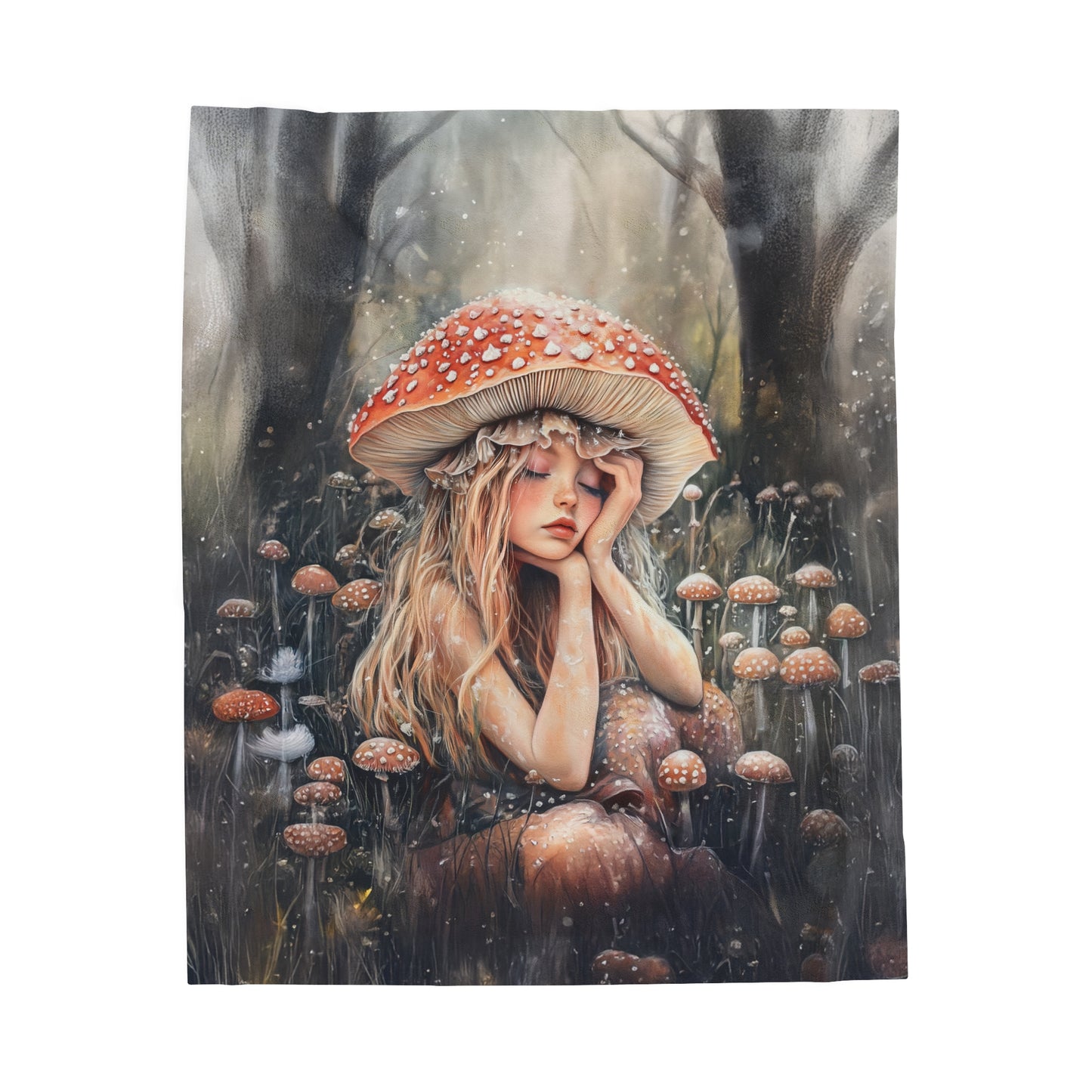 Woodland Nymph Slumbers Beneath a Mushroom's Shade Velveteen Plush Blanket 3 Sizes