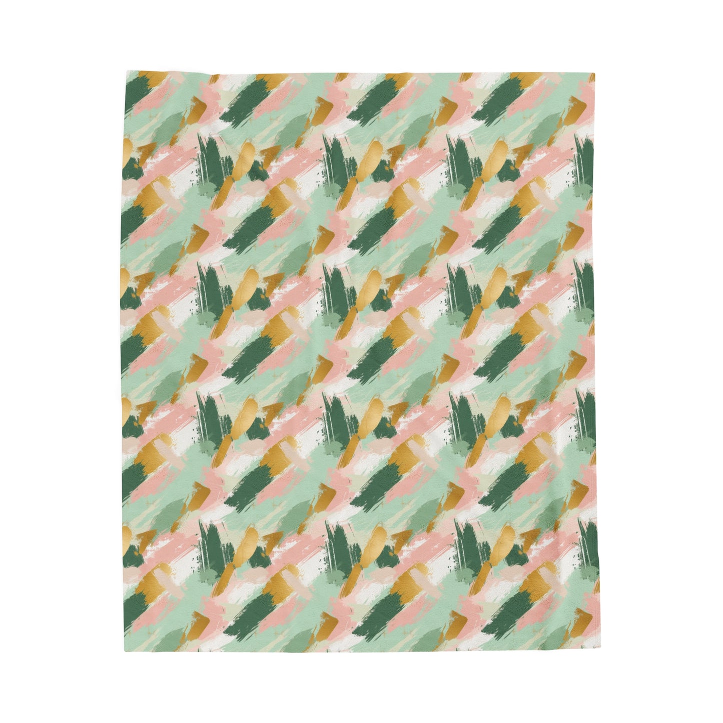 Spring Brushstrokes Abstract in Light Green, Pink, and Gold Velveteen Plush Blanket 3 Sizes