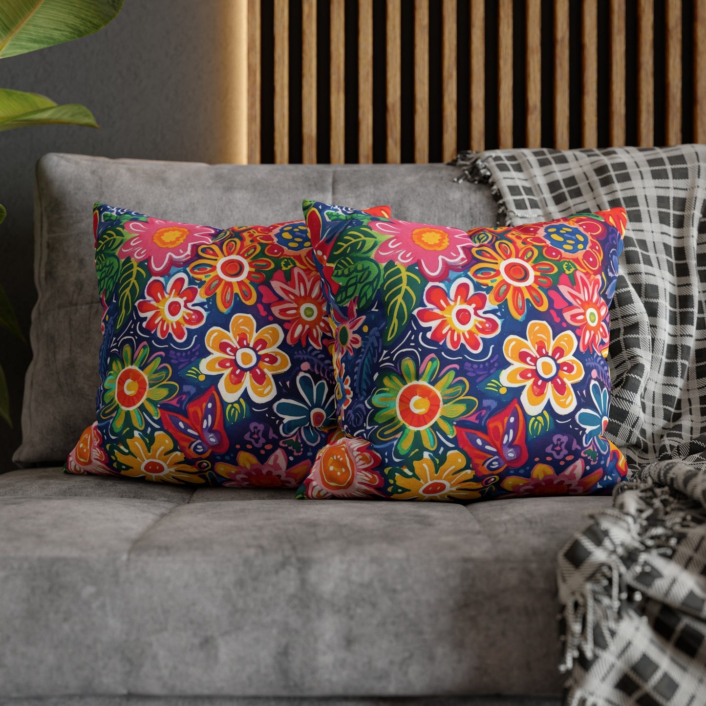 Fluttering Kaleidoscope: Vibrant Multicolor Flowers and Butterflies in Flight Spun Polyester Square Pillowcase 4 Sizes