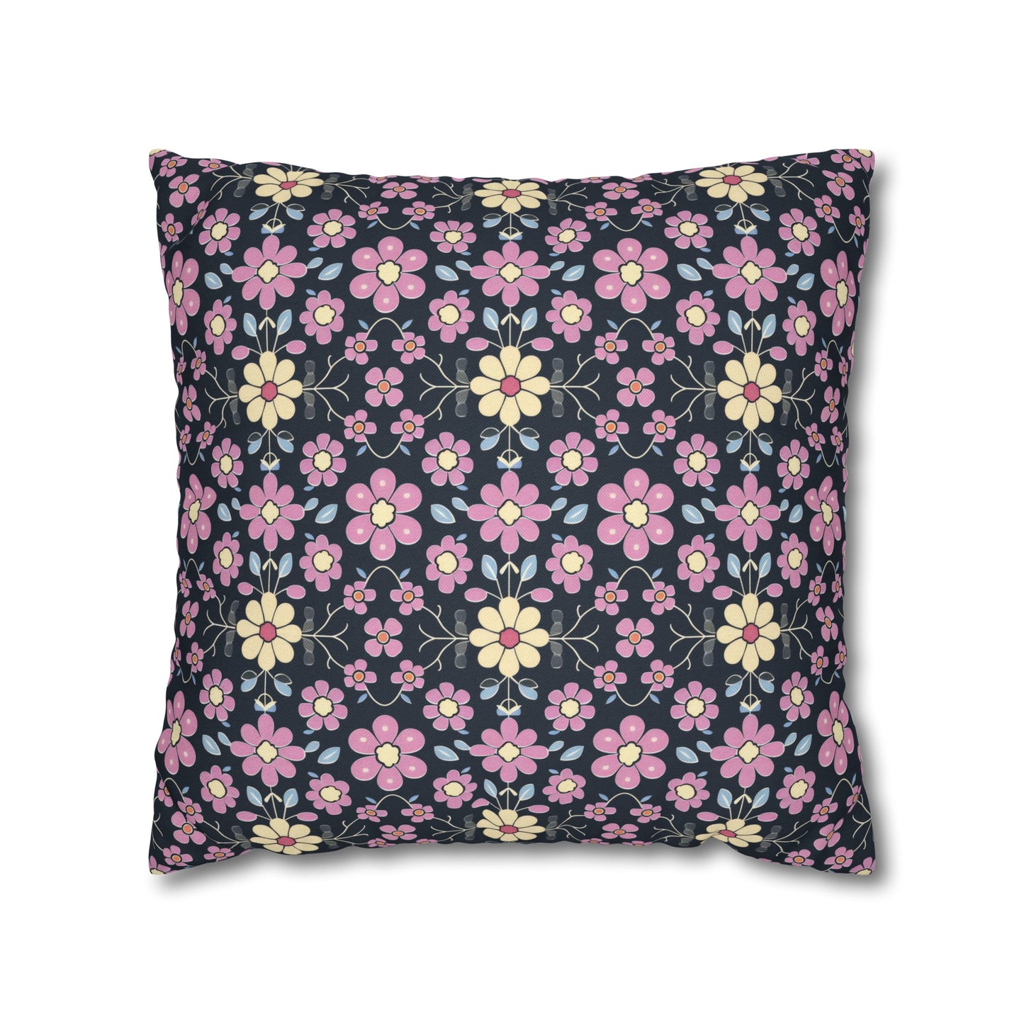 Charming Pastel Pink and Yellow Flowers on Navy Blue Background Spun Polyester Square Pillowcase 4 Sizes