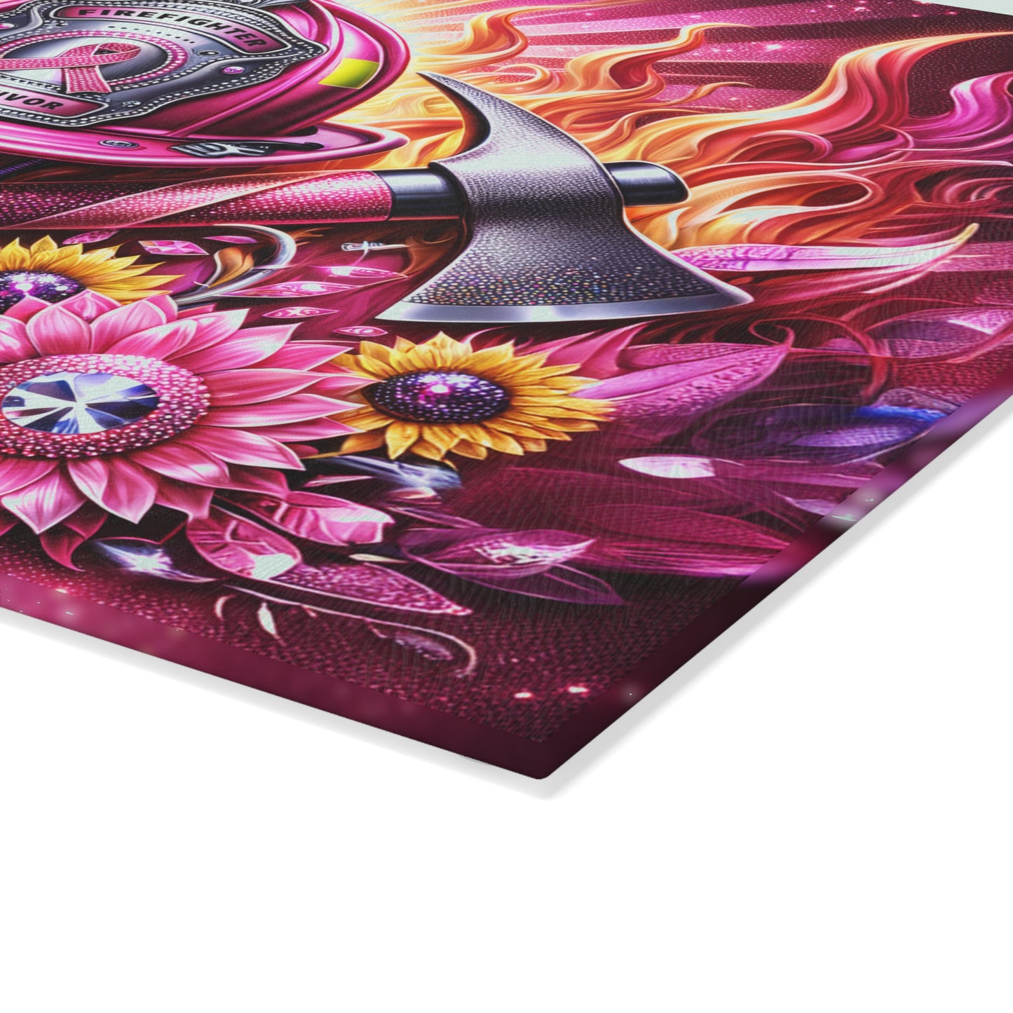 Breast Cancer Pink Ribbon Firefighter Sunflowers Awareness Glass Cutting Board, Charcuterie Serving Tray 2 Sizes