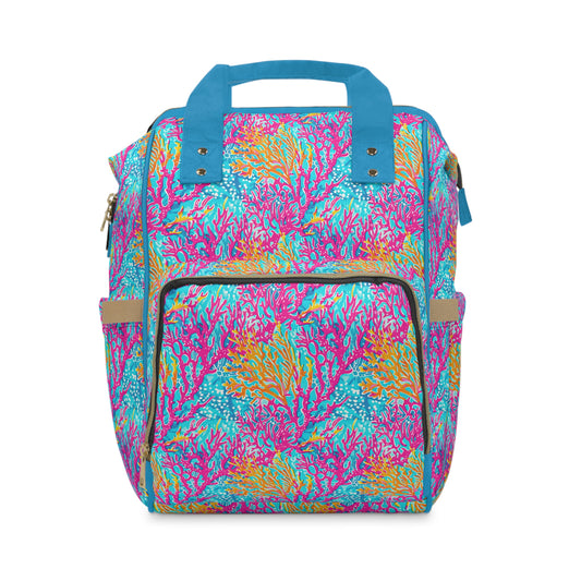 Coral Symphony: Bright Pink, Yellow, and Coral Dancing in the Blue Ocean Multifunctional Diaper Backpack