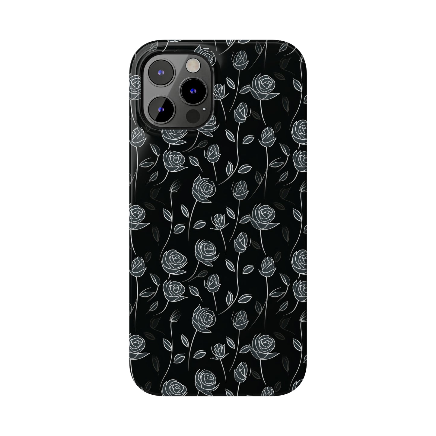 Contrasting Elegance: White Outlined Roses on a Black Background Iphone 15-12 Slim Phone Case