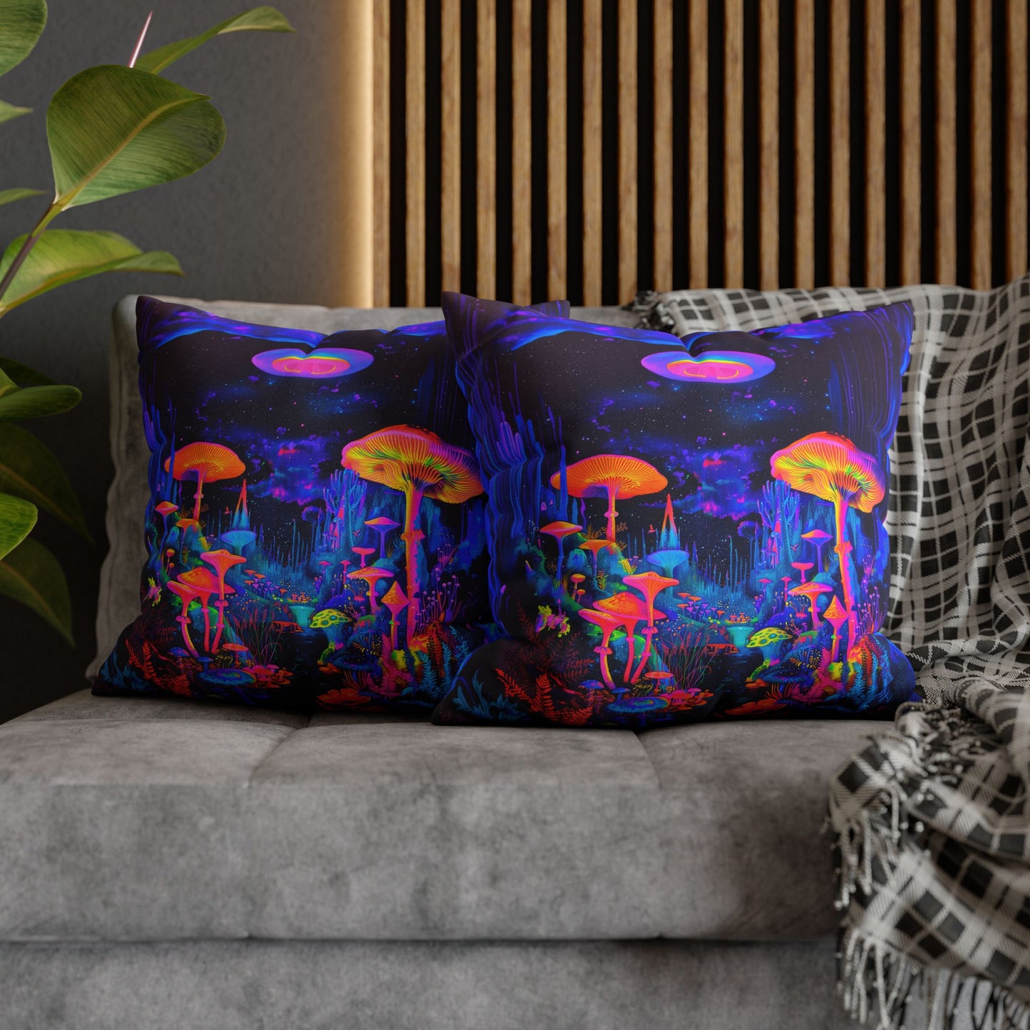 Vibrant Psychedelic Fantasy Neon Mushroom Forest Landscape Spun Polyester Square Pillowcase 4 Sizes