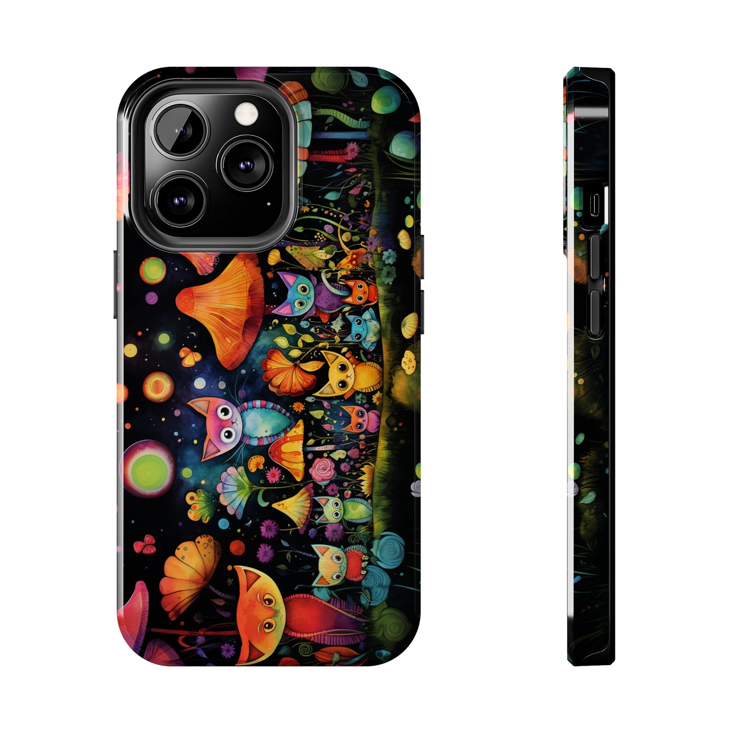 Mystical Cats Amidst a Garden of Flowers and Mushrooms, Beneath a Starry Sky Iphone Tough Phone Case