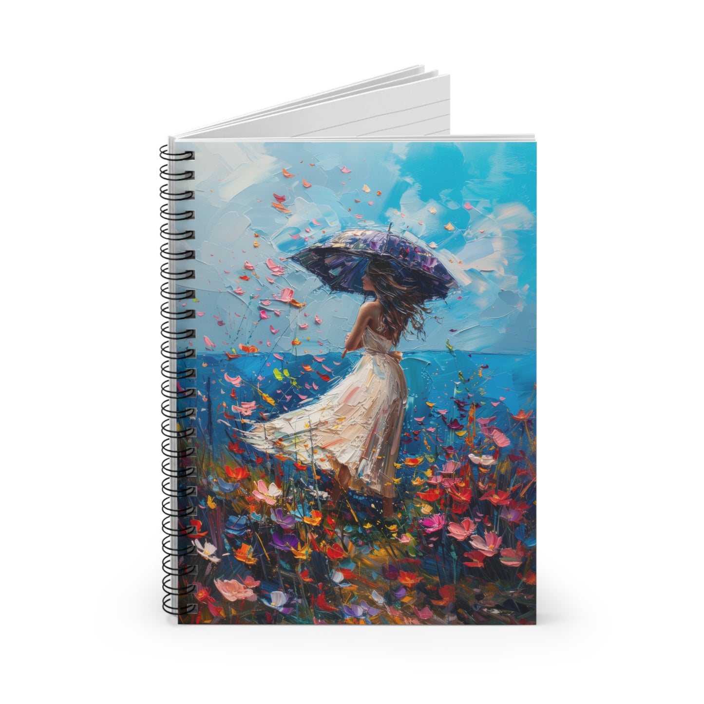 Spring Storms Women Standing on Hill of Wild Flowers - Spiral Notebook Ruled Line 6"x8"