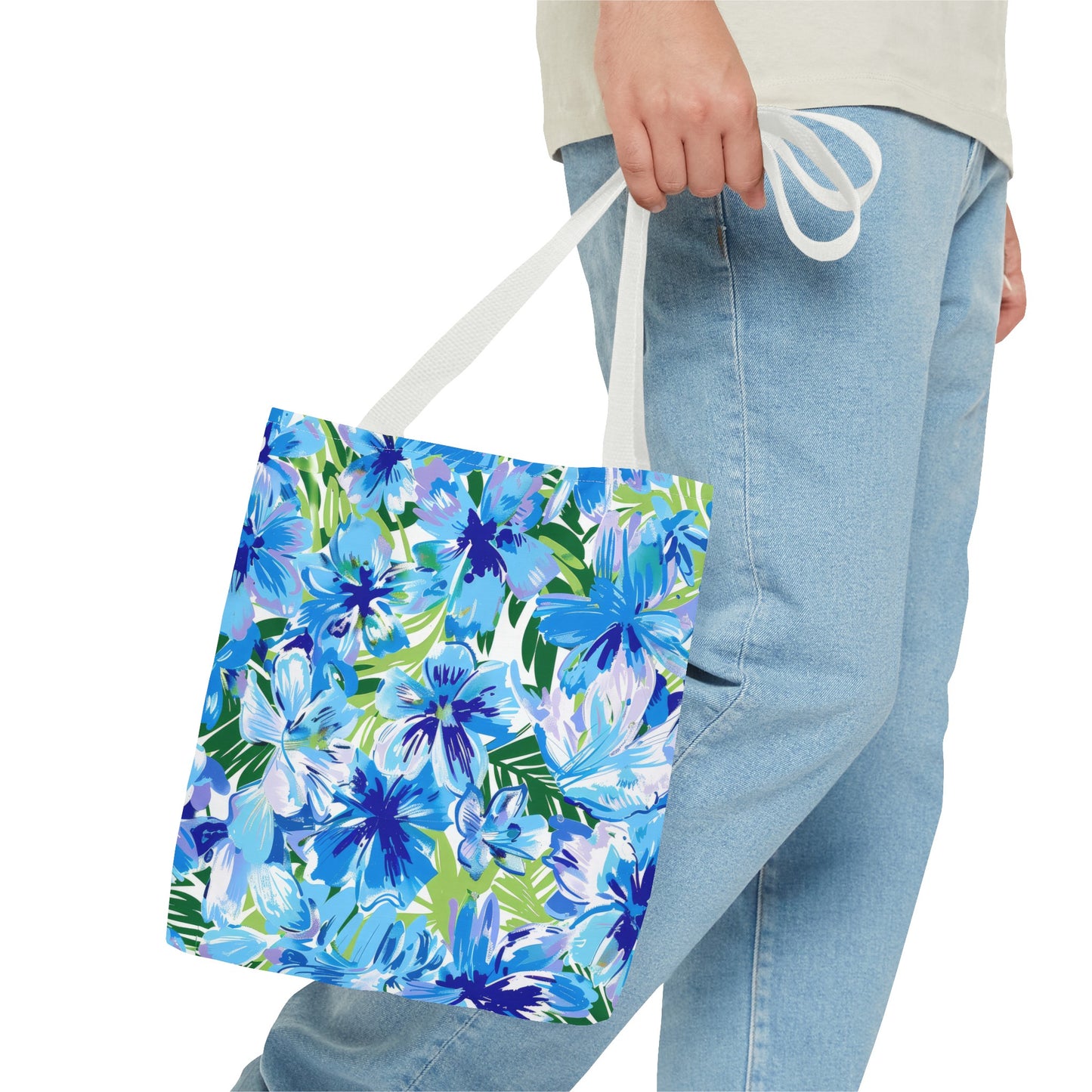 Azure Bloom Oasis: Bright Blue Large Flowers with Lush Green Palm Leaves  Canvas Tote Bag 3 Sizes