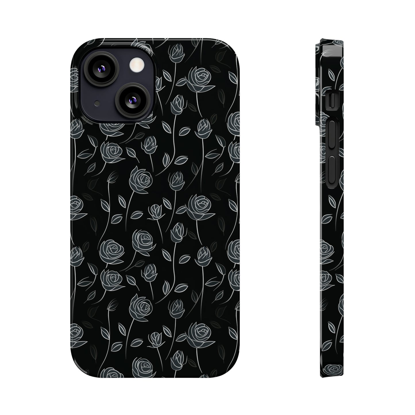 Contrasting Elegance: White Outlined Roses on a Black Background Iphone 15-12 Slim Phone Case