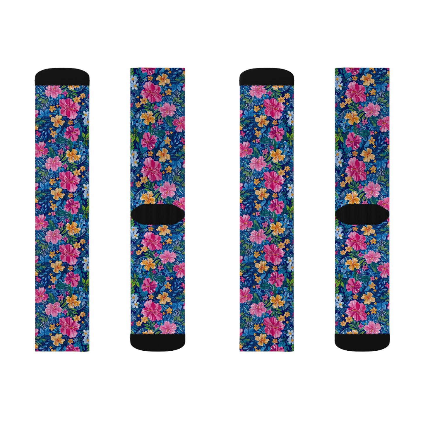 Tropical Sunrise Bloom: Pink Watercolor Flowers with Yellow and Blue Accents Ribbed Crew Socks