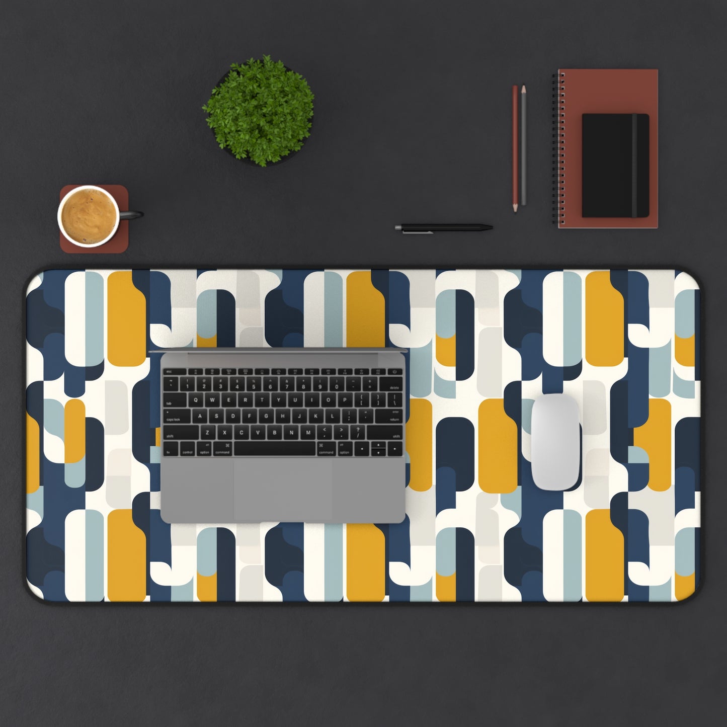 Modern Retro with Bold Geometric Pattern in Mustard and Navy Extended Gaming Mouse Pad  Desk Mat  - 3 Sizes