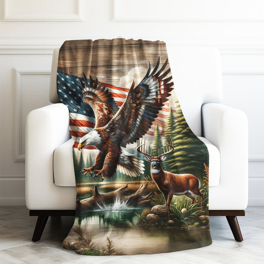 American Flag , American Bald Eagle Buck Deer Hunting Velveteen Plush Blanket 3 Sizes