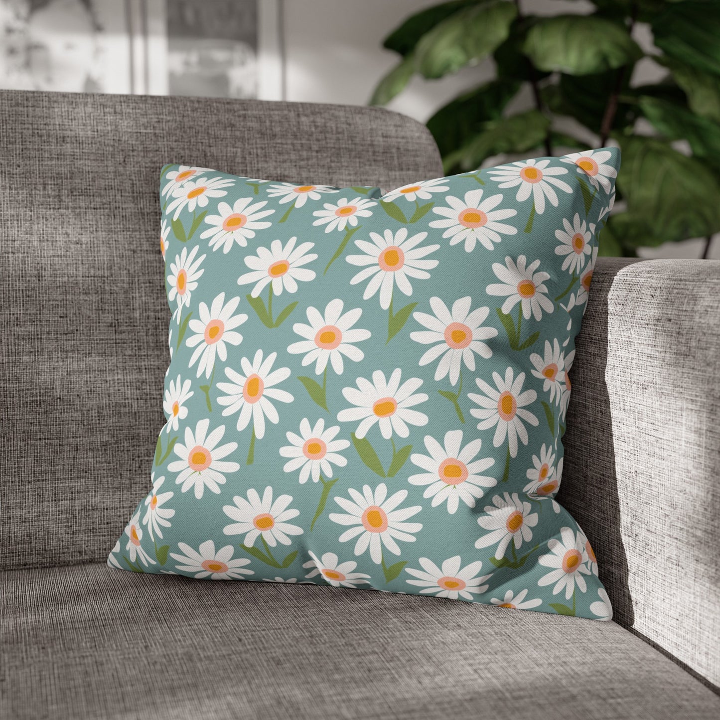 Cheerful Bright Daisy on Pastel Green Spun Polyester Square Pillowcase 4 Sizes