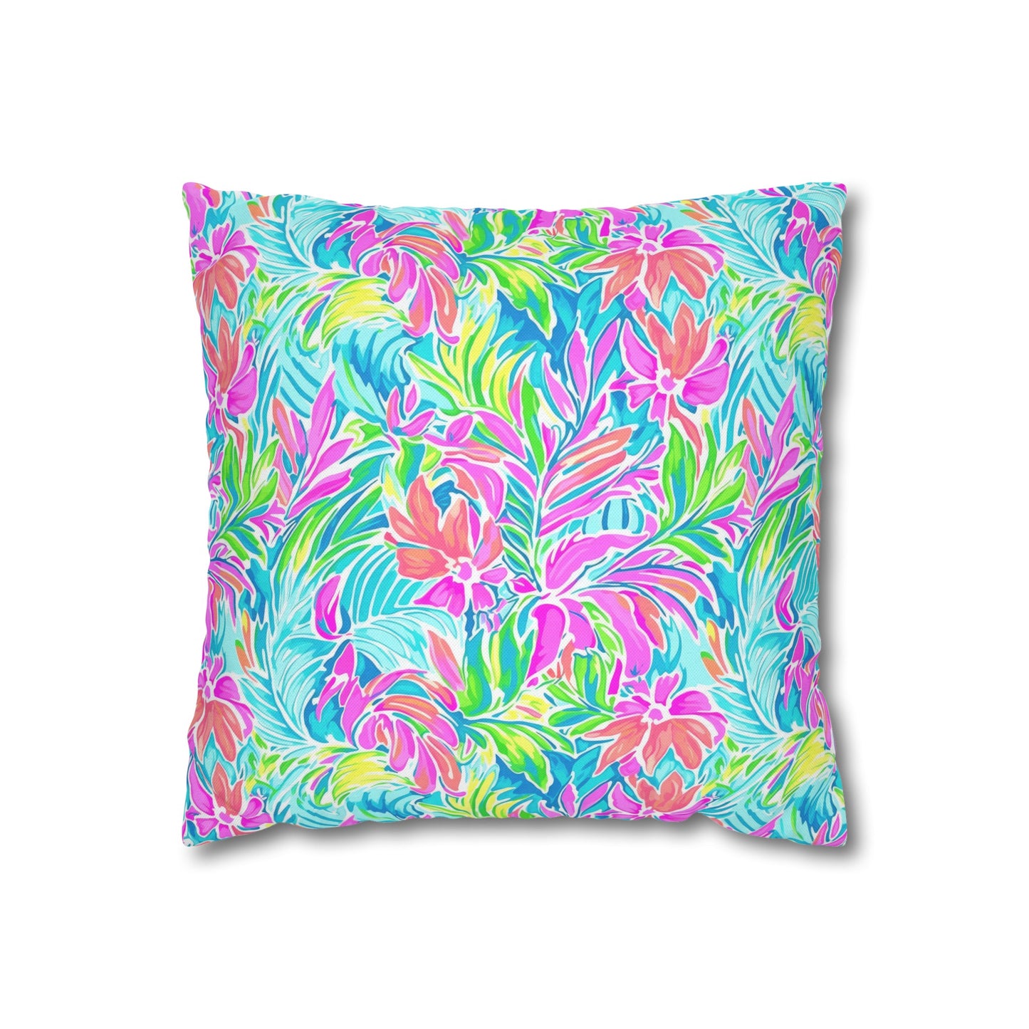 Neon Tropics: Vibrant Rainbow Flowers and Palm Leaves in Electric Splendor Spun Polyester Square Pillowcase 4 Sizes