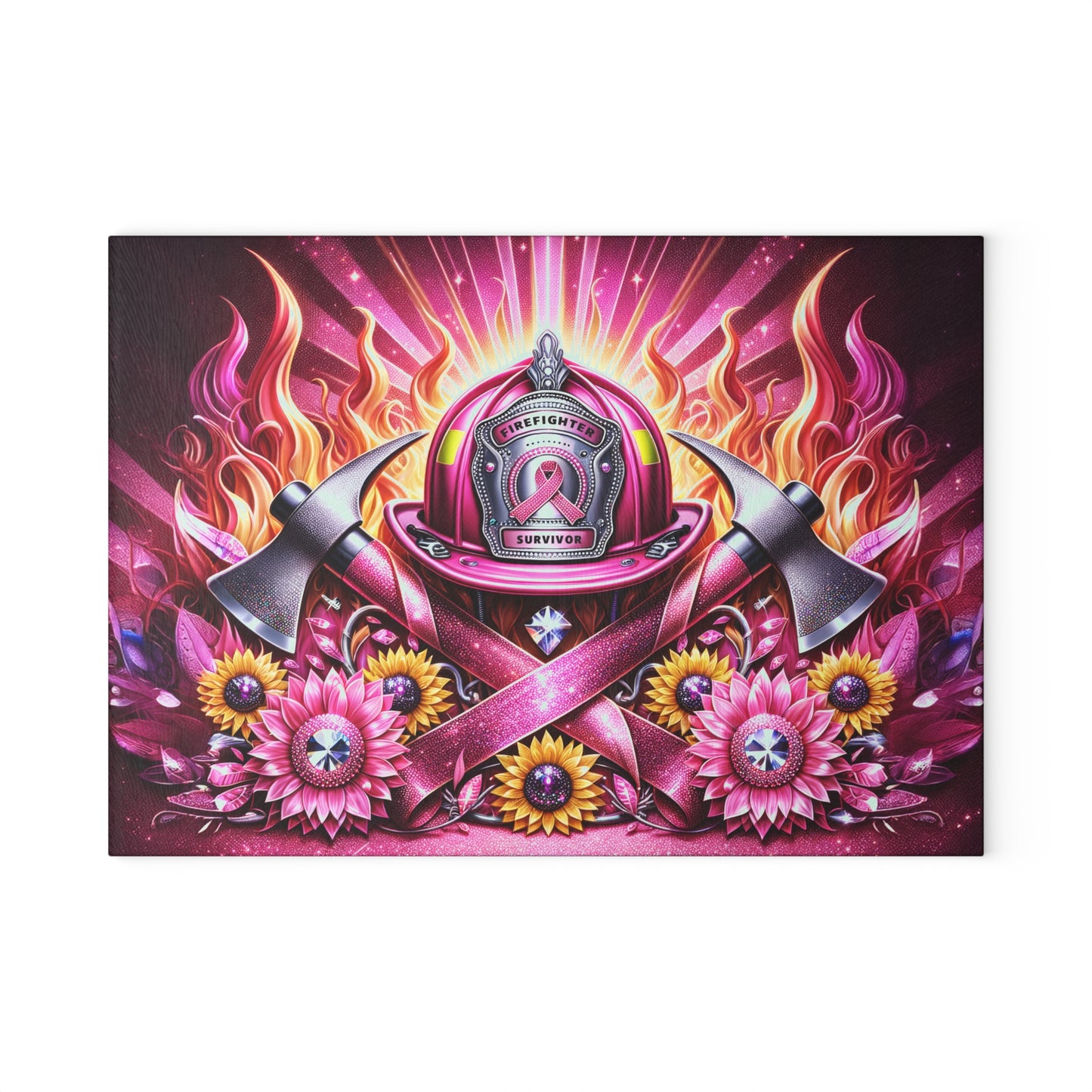 Breast Cancer Pink Ribbon Firefighter Sunflowers Awareness Glass Cutting Board, Charcuterie Serving Tray 2 Sizes