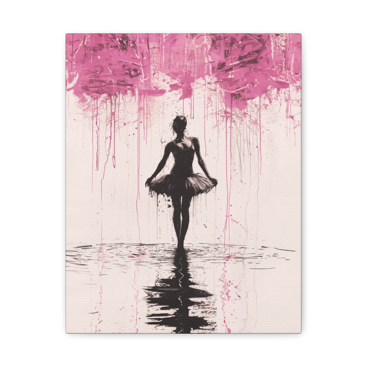 Dreamlike Reverie: Ballerina Dancing Amidst Pink Clouds and Gentle Rain Print on Canvas Gallery - 13 Sizes