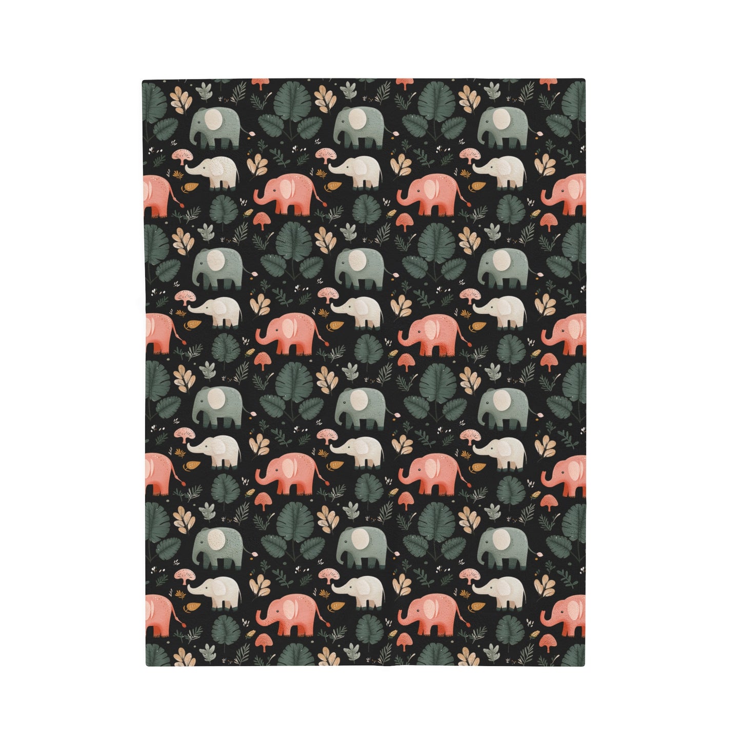 Whimsical Elephant Parade Cute Jungle Animal Art Print with Tropical Foliage on Black Velveteen Plush Blanket 3 Sizes