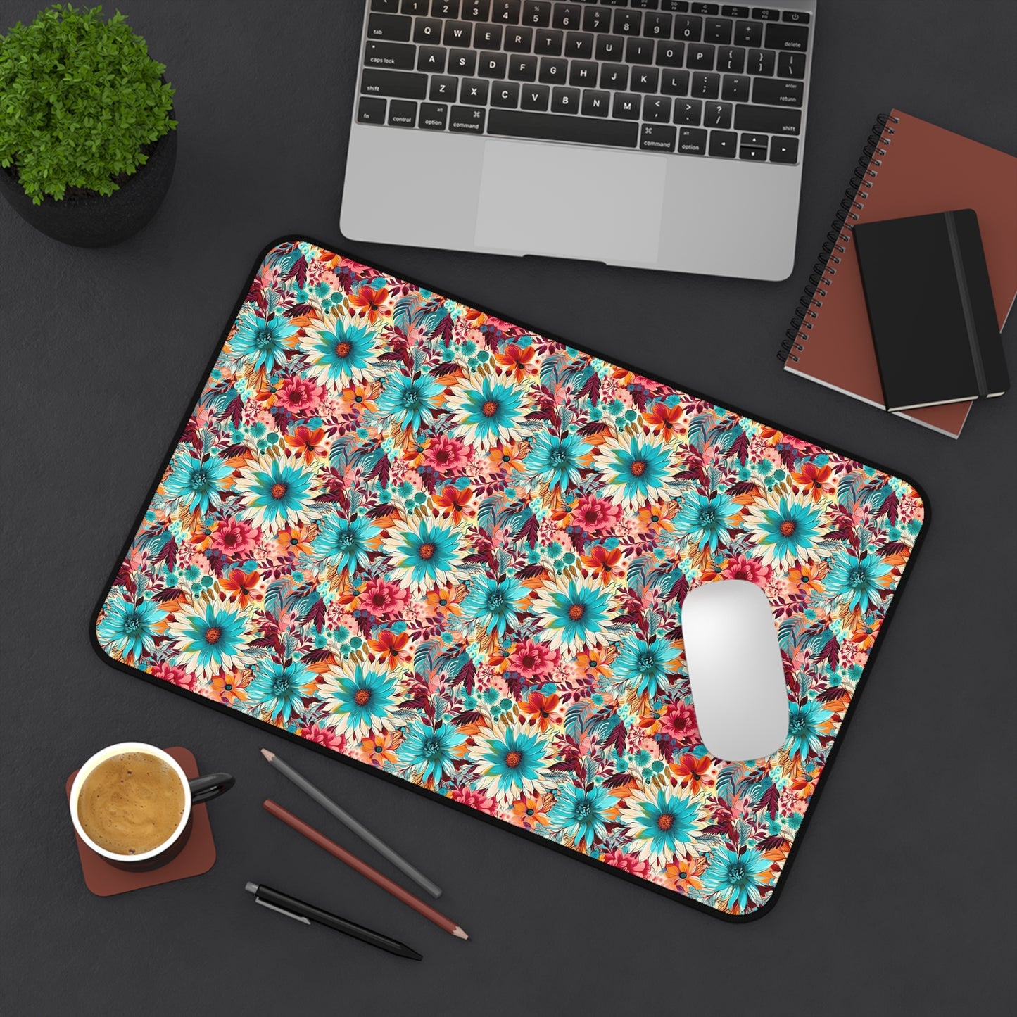 Floral Explosion of Pinks, Teals and Oranges on a Soft Cream Canvas Extended Gaming Mouse Pad Desk Mat - 3 Sizes