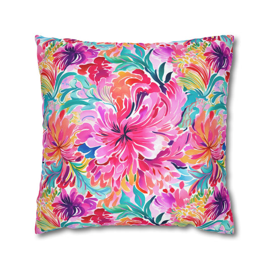 Rainbow Tropics: Watercolor Flowers in Vibrant Pink, Green and Orange Hues Spun Polyester Square Pillowcase 4 Sizes