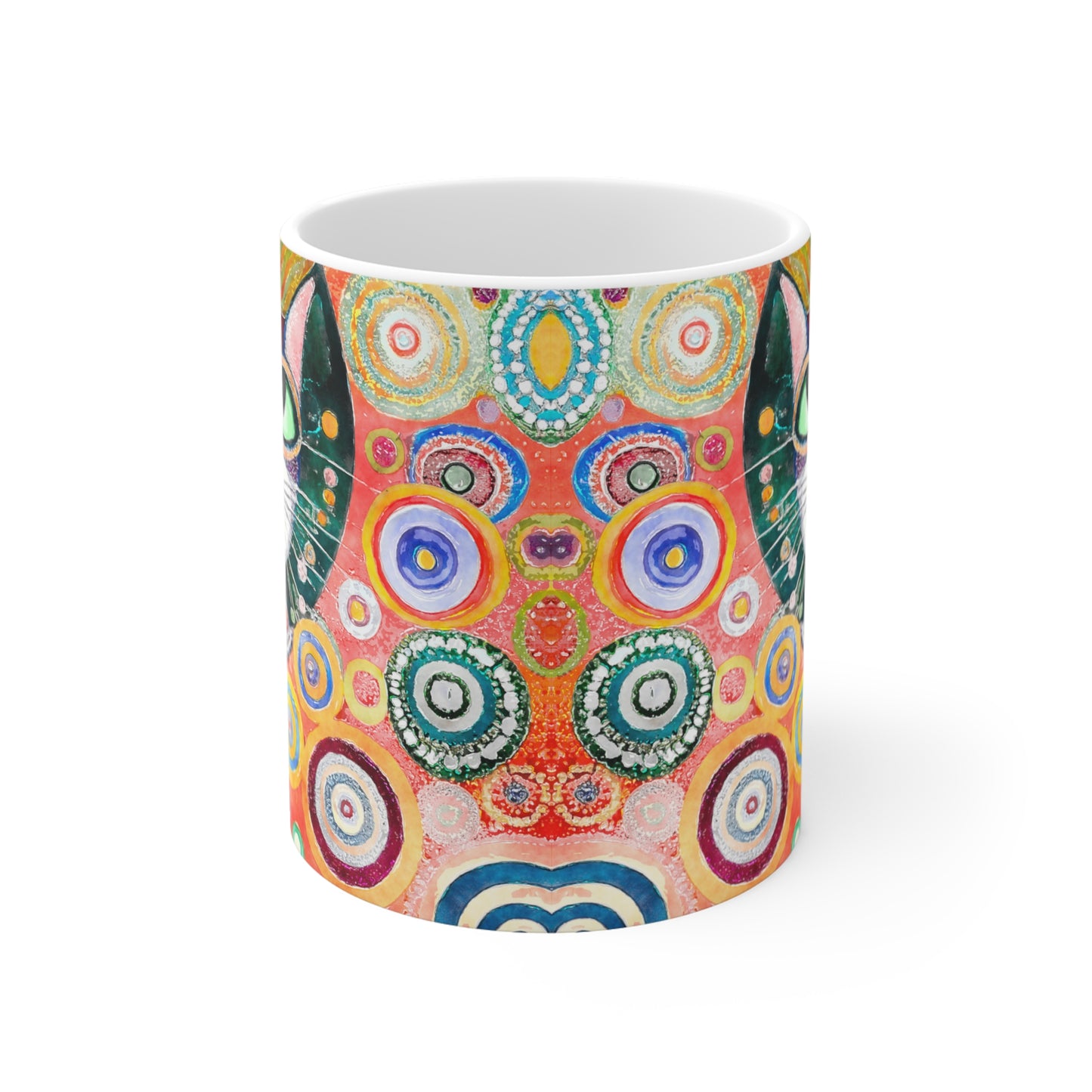 Whimsical Retro Flowers and Green Eyed Cat in Style of Klimt  - 11 oz Coffee