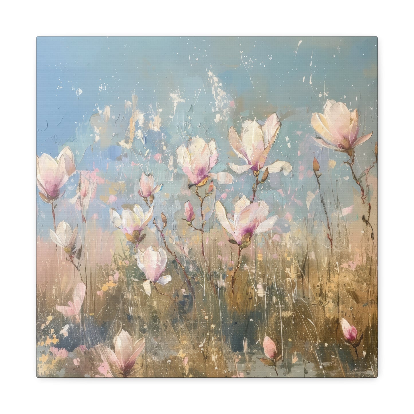 Gentle Spring Serenity: Soft White and Pink Wildflowers Blooming in a Sunlit Field Print on Canvas Gallery Wraps  - 5 Sizes