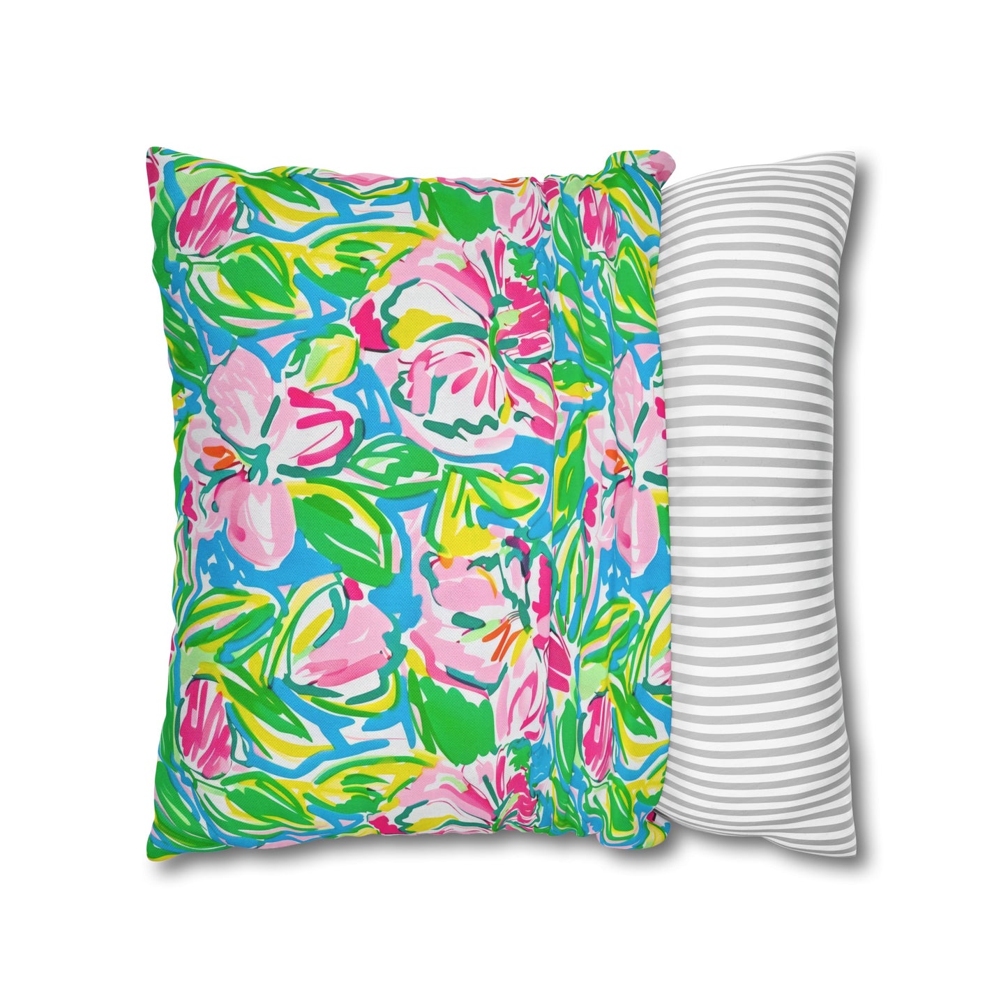 Whispering Meadows: Pink Blossoms, Lush Green Leaves, and Accents of Yellow and Blue Spun Polyester Square Pillowcase 4 Sizes