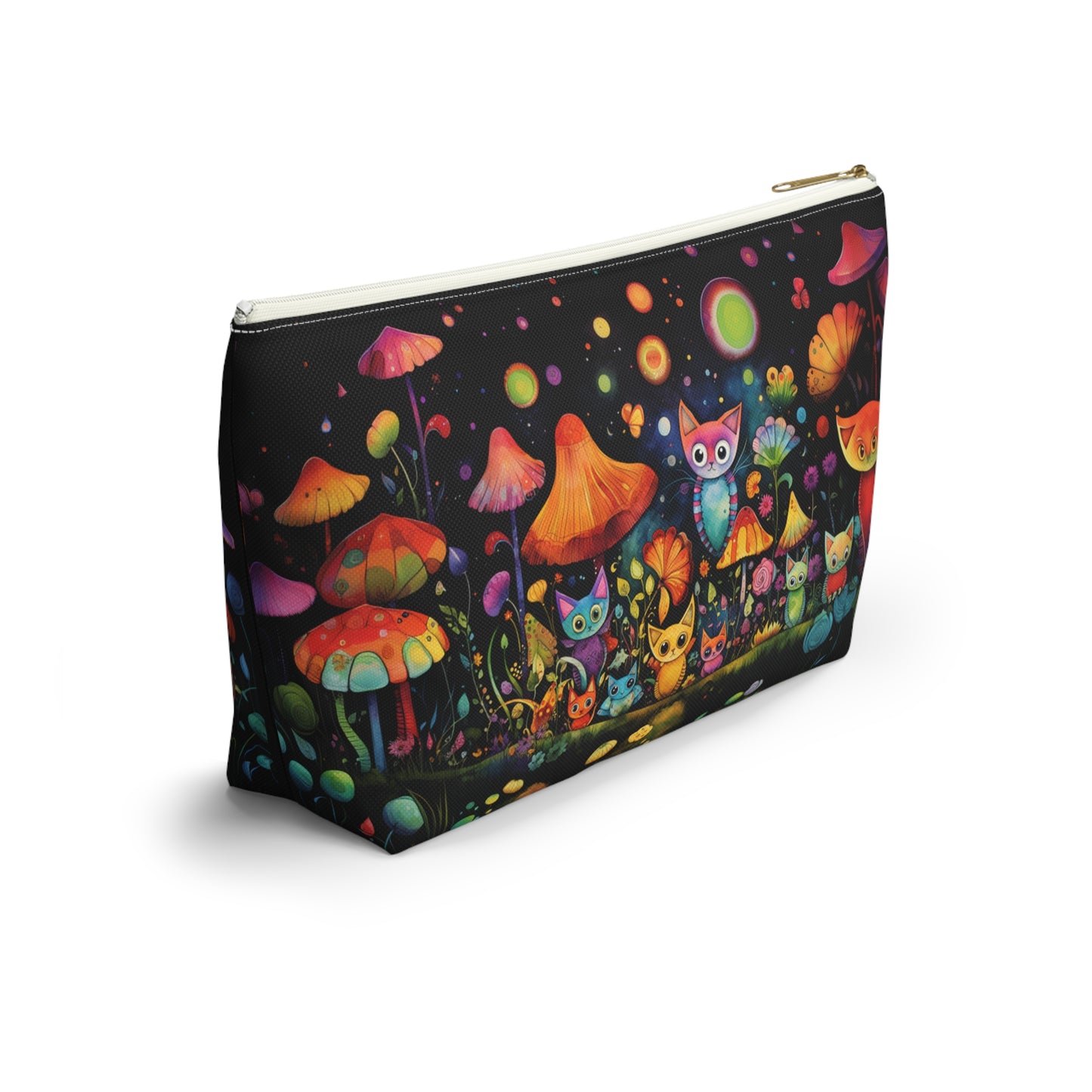 Mystical Cats Amidst a Garden of Flowers and Mushrooms, Beneath a Starry Sky - Makeup & Accessory Bag 2 Sizes