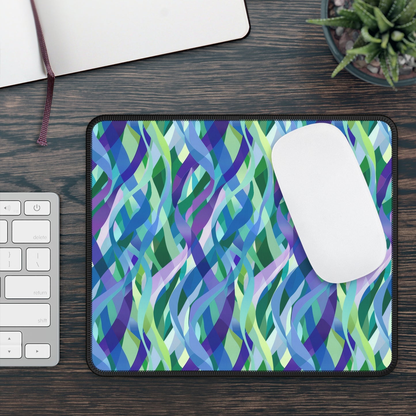 Vibrant Purple Blue and Green Ribbons Gaming Mouse Pad with Finished Edges