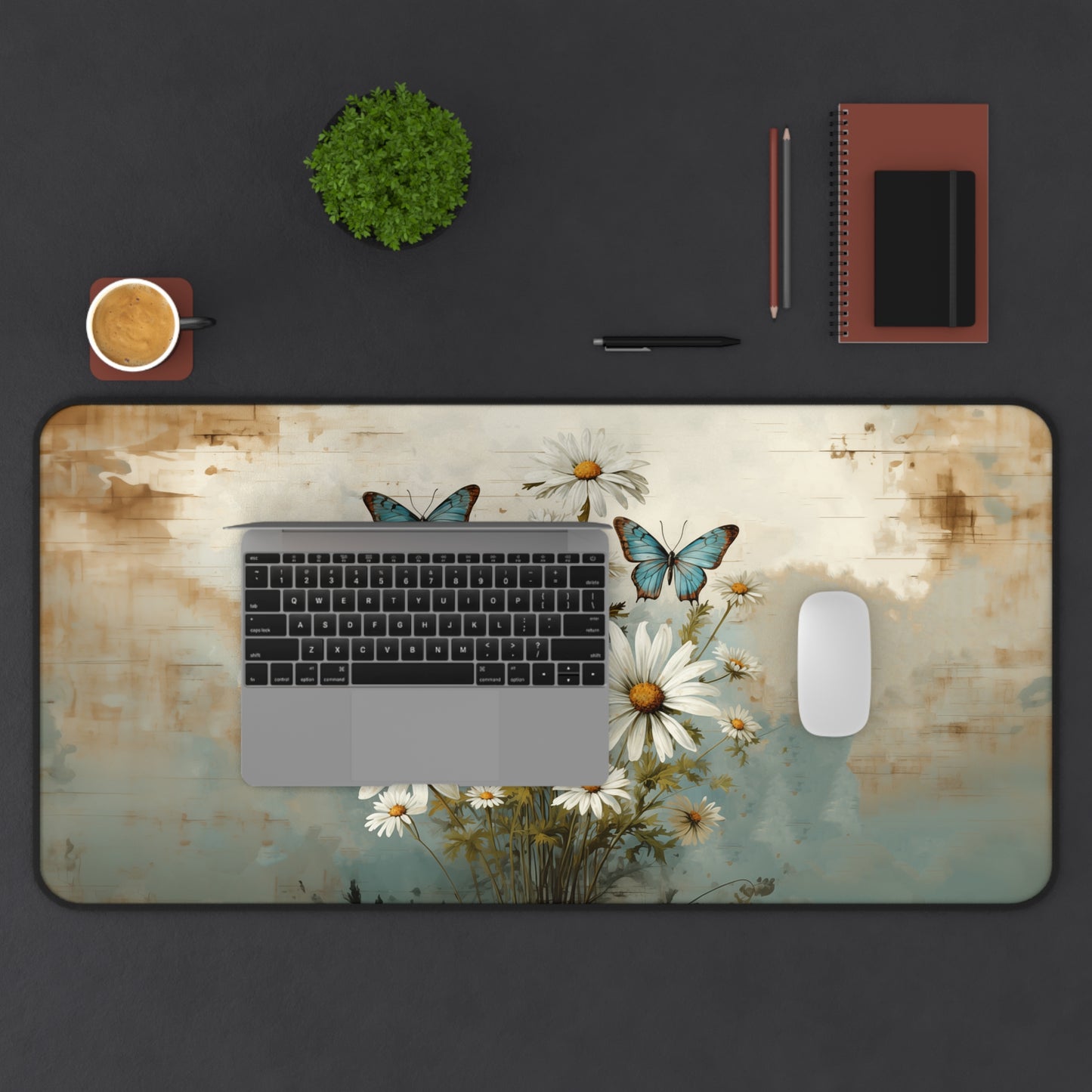 Rustic Farmhouse Daisy and Butterfly Design - Desk Mat Extended Gaming Mouse Pad 3 Sizes