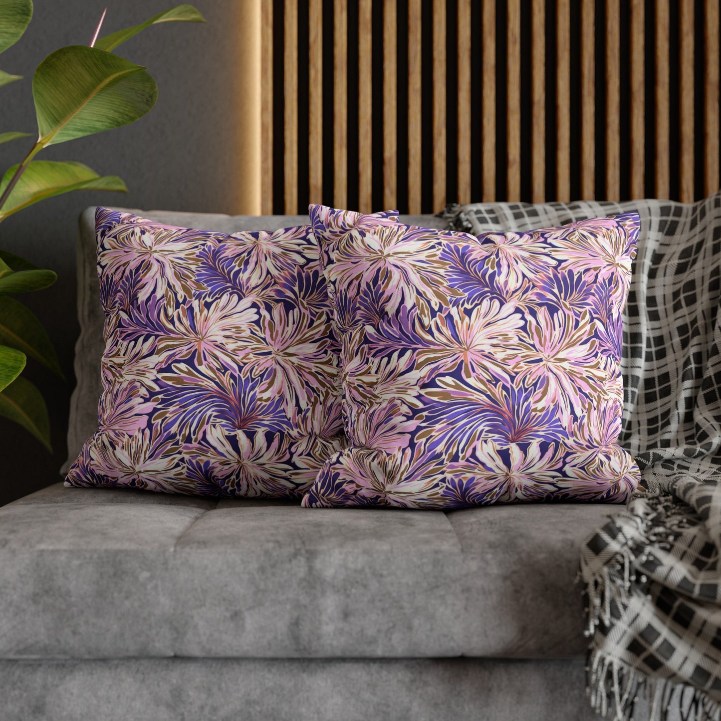 Gilded Blooms: Purple, Pink, and Gold Abstract Watercolor Flowers Spun Polyester Square Pillowcase 4 Sizes