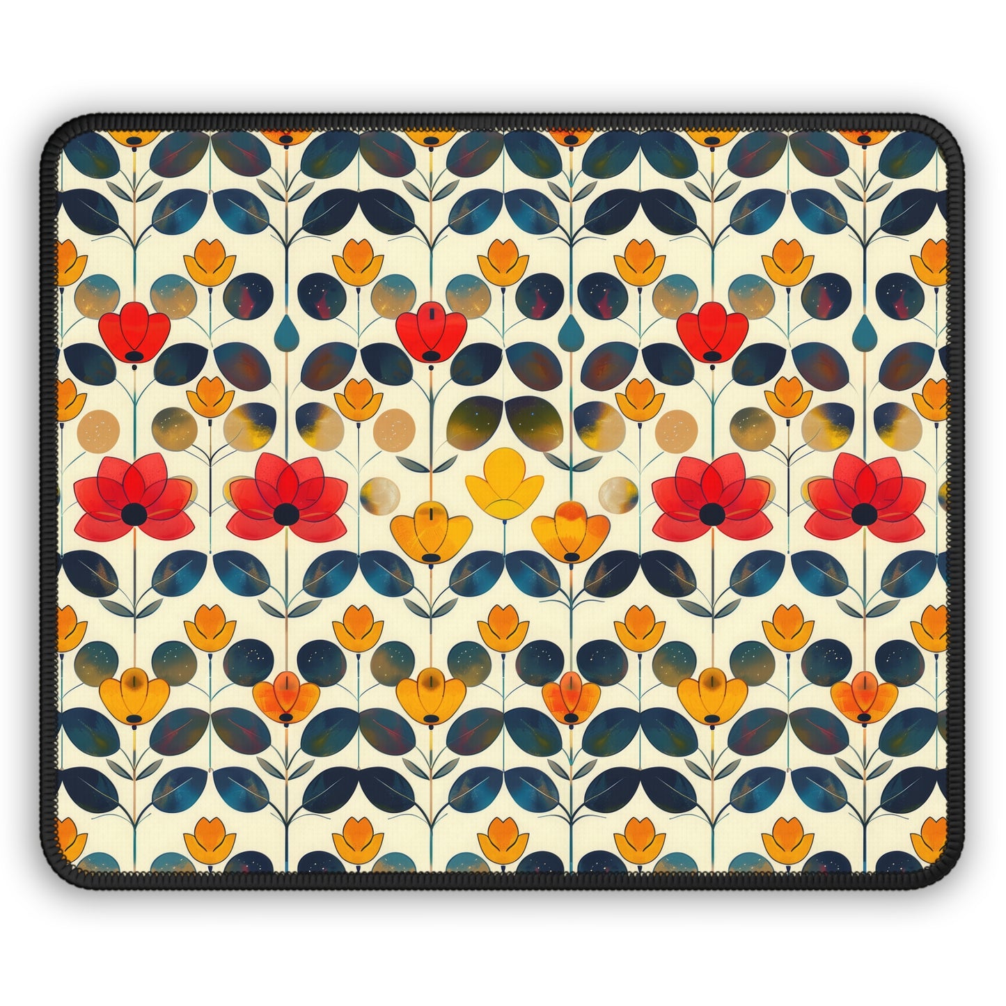 Whimsical Yellow, Red, and Blue Flower Design Gaming Mouse Pad with Finished Edges