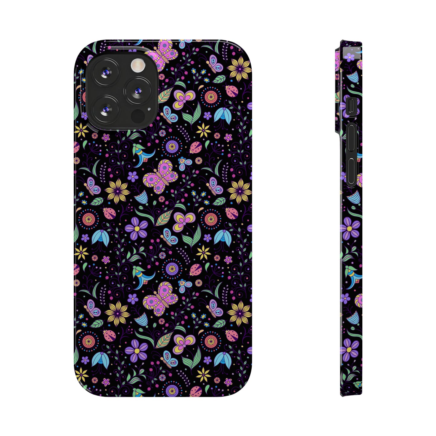 Butterflies and Flowers Black Background Iphone 15-12 Slim Phone Case