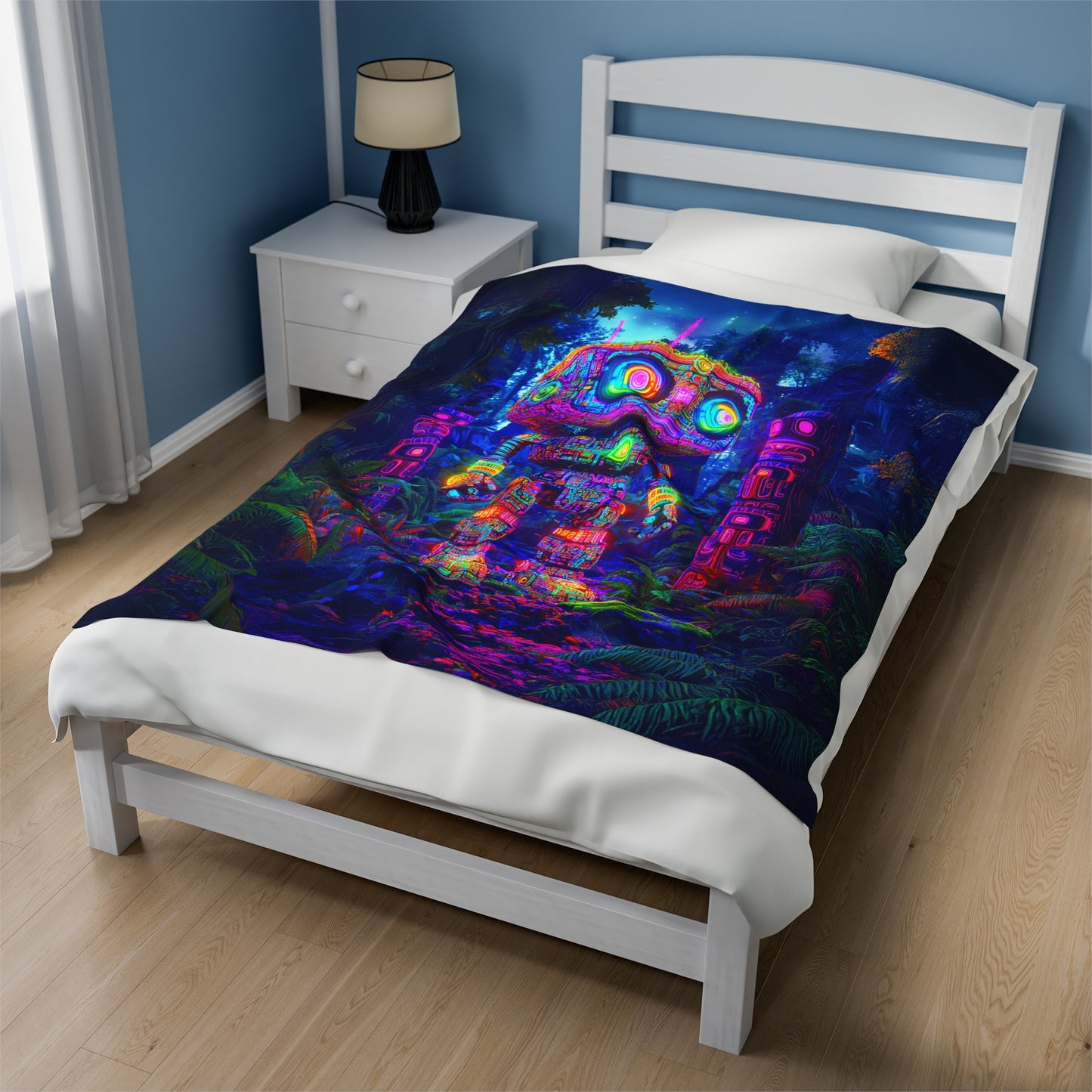 Vibrant Robotic Sentinel Amidst the Mystic Wilderness Velveteen Plush Blanket 3 Sizes