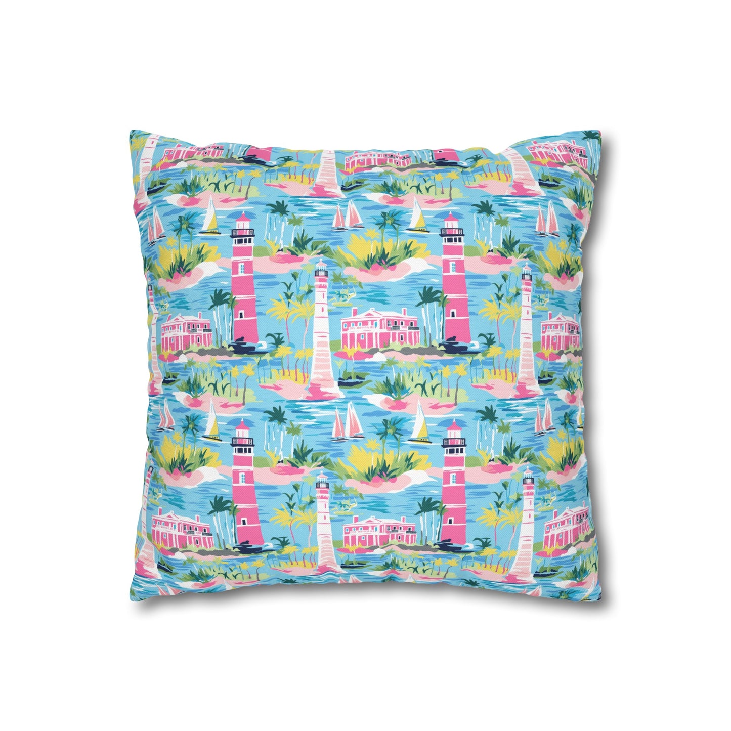 Coastal Charms: Sailboats and Lighthouses Adorning the Coastline Spun Polyester Square Pillowcase 4 Sizes