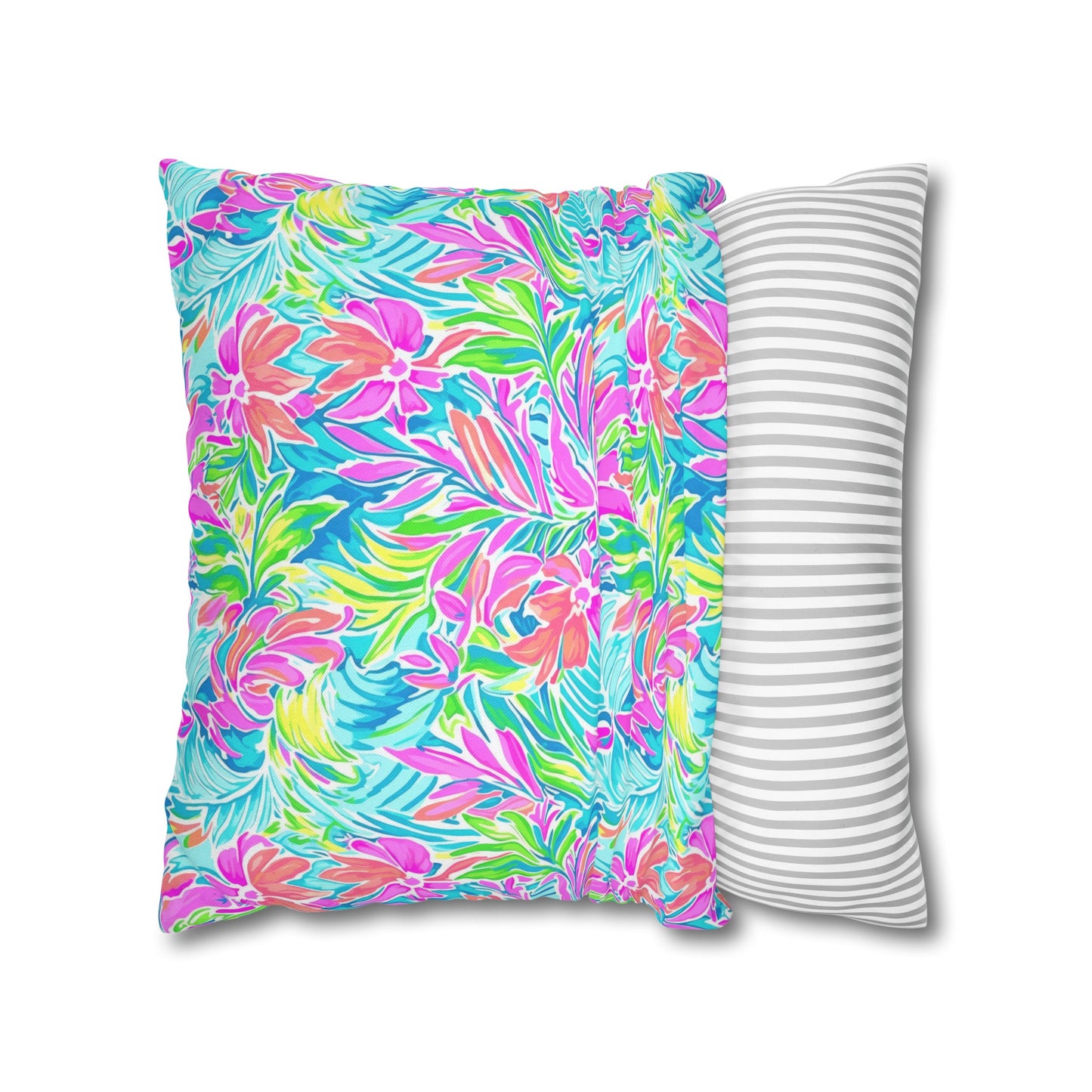 Neon Tropics: Vibrant Rainbow Flowers and Palm Leaves in Electric Splendor Spun Polyester Square Pillowcase 4 Sizes