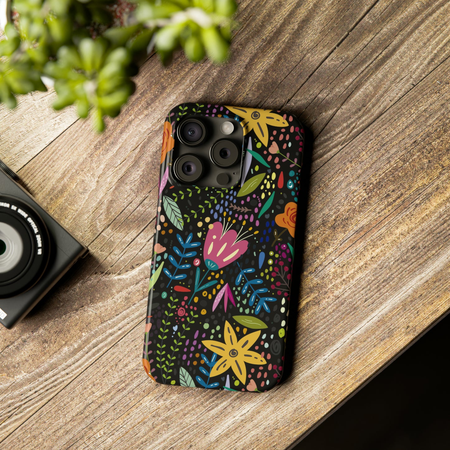 Springtime Splendor: Hand-Drawn Flowers Bursting with Vibrant Colors Design on Black Iphone 15-12 Slim Phone Case