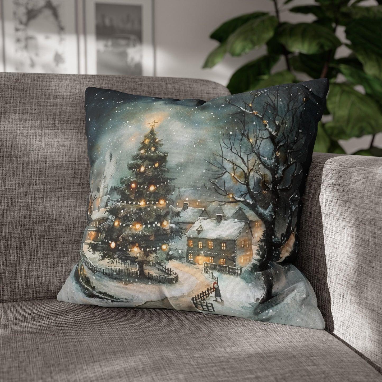 Winter Wonderland Glow: Christmas Tree Illuminating a Snowy Village Spun Polyester Square Pillowcase 4 Sizes