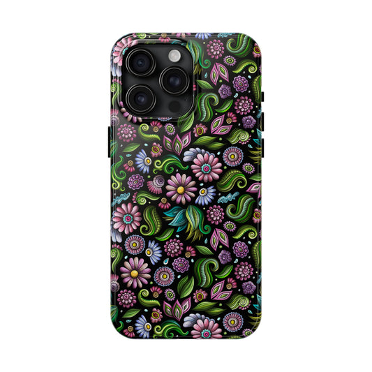 Purple & Pink Daisy Floral Print on Black Background Iphone Tough Phone Case